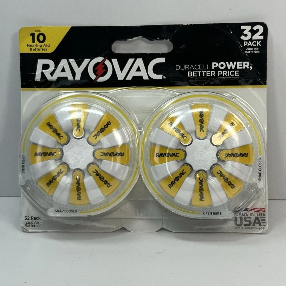 Rayovac Hearing Aid Batteries Size 10 32 Pack Yellow New Sealed Damaged Box